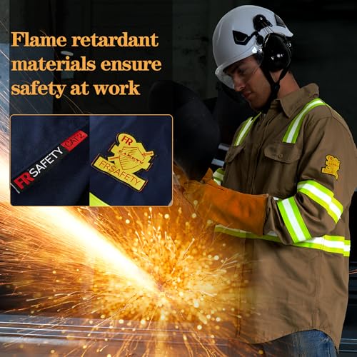 SRsafety Hi Vis FR Shirts for Men,7.0oz Long Sleeve FR Work Shirts,100% Cotton High Visibility Fire Shirt