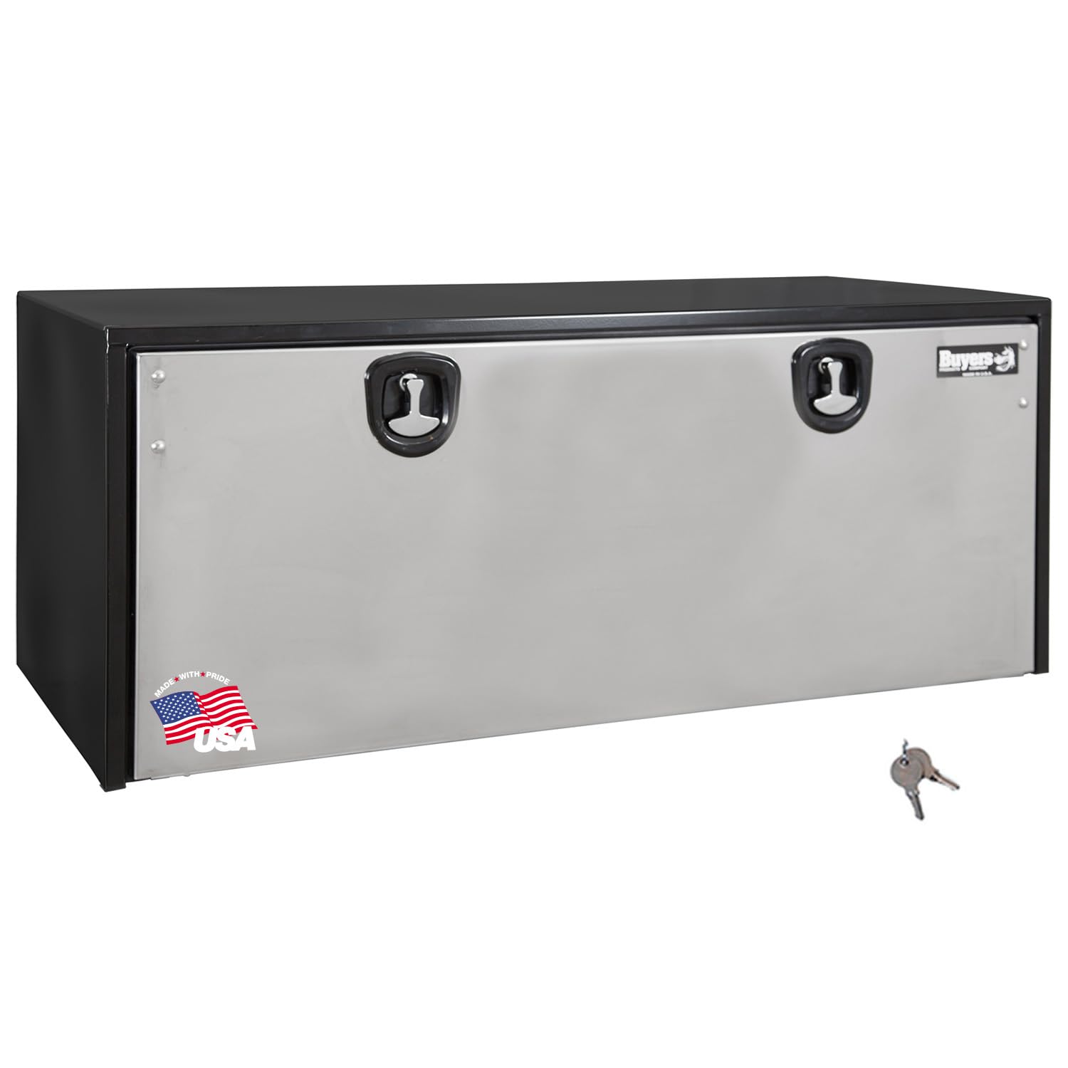 Buyers Products 1704715 Black Steel Underbody Truck Box With Silver Polished Stainless Steel Door, 24 x 24 x 60 Inch, Made In The USA, Truck Tool Box Organizer With Storage, Job Box For Work Truck
