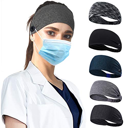 Ehfswrr Headbands with Buttons,Headbands for Women and Men Yoga Sports Width Workout Turban Non Slip Heawrap for Nurse Doctors,Protect Your Ears 5 Packâ€¦ (Dark 5 pcs)