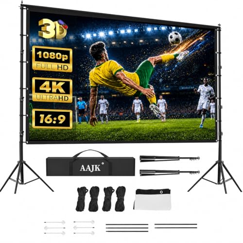 Image of AAJK 150in Outdoor Projector Screen with Stand, Portable 16:9 4K HD Indoor Outdoor Projection Screen with Wrinkle-Free Design, Ideal for Home Theater and Backyard Cinema – Includes Carry Bag