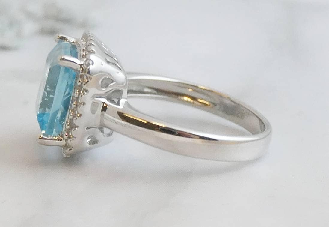 Blue Topaz Cushion Cut and Natural Zircon Sterling Silver Ring - Handmade Gemstone Jewelry Gift Ideas for Women