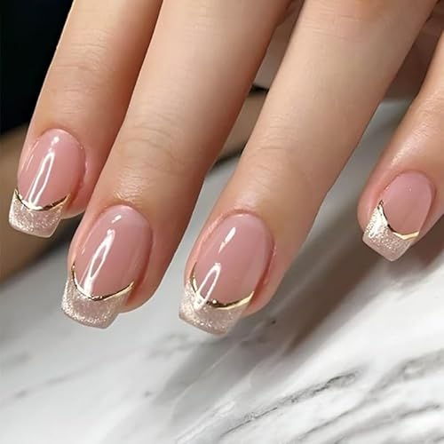 Nude French Press on Nails Short Almond with Gold Line