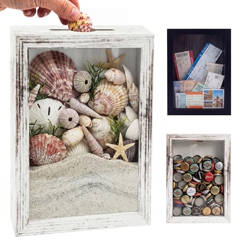 Image of GraduationMall 5x7 Top Loading Shadow Box Frame with HD Glass,Wood Display Case with Slot,1.25 inches Interior Depth,Ideal for Wine Bottle Caps,Tickets,Shells,Stamps and More,White