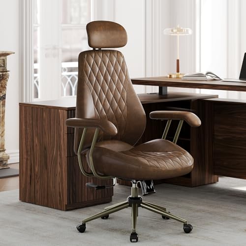 Perledesign High Back Office Chair with Lumbar Support - Ergonomic Executive Desk Chair, Adjustable Swivel Computer Chair in Premium Faux Leather for Home Office Comfort, Brown