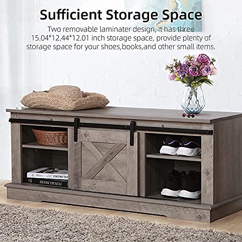 image for Hosslly Shoe Storage Bench, Farmhouse Sliding Barn Door Entryway Bench