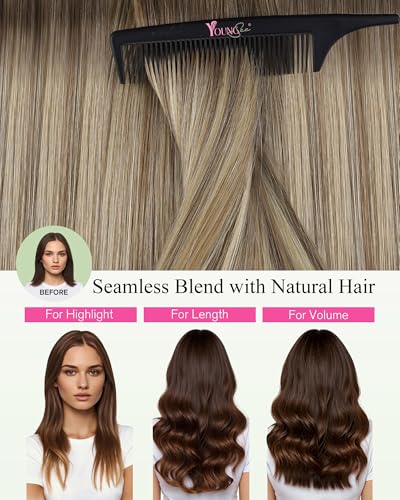 Image of YoungSee Human Hair Tape in Extensions Balayage Brown, Tape in Hair Extensions Real Human Hair, Light Brown Ombre Platinum Blonde, 12 Inch 20pcs 30g, Tape Hair Extension, Soft Texture, for Thin Hair