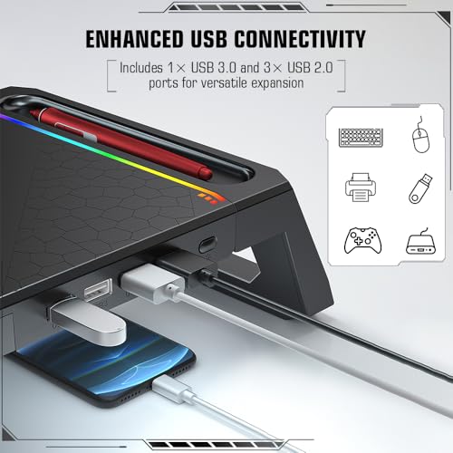 Image of Claw Dock T6 Monitor & Laptop Stand with 10 RGB Modes, Foldable, 4-Port USB Hub (1x 3.0 + 3X 2.0 Ports), Hidden Phone Holder & Drawer, Metal Build, 30kg Load, 130cm Cable for Gaming, Home & Office
