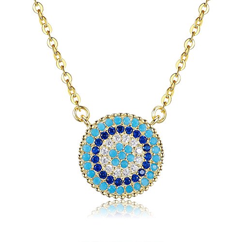 Blue Evil Eye Pendant Necklace in Sterling Silver 925 with Cubic Zirconia CZ and 16