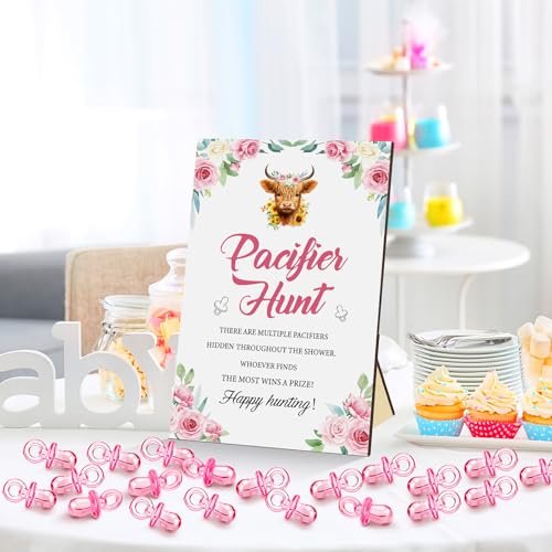 Image of Thyle 51 Pcs Highland Cow Pacifier Hunt Baby Shower Games for Girls Include Hunt Sign and 50 Acrylic Pacifiers Boho Pink Floral Baby Shower Game Decoration Gift Sets for Gender Reveal Party Decor
