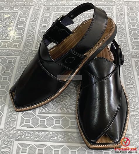 Black Leather Peshawari Chappal: Handmade Gents Sandals3