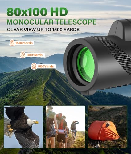 PAHTTO Teleskop monokularowy, monokular 80x100 z pryzmatem BAK4 i obiektywem FMC, HD teleskop monokularowy z adapterem na smartfon i statywem, do obserwacji ptaków, polowania, wędrówek, koncertów