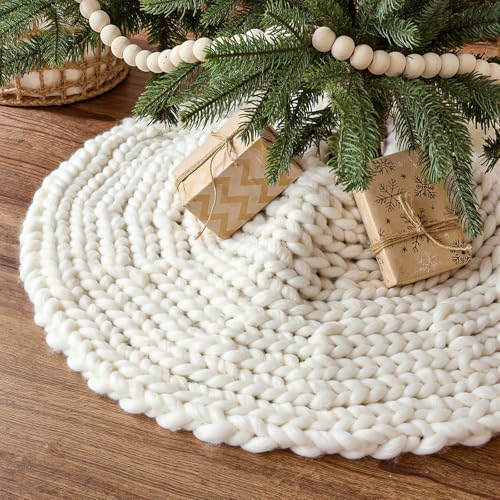 36 inch Christmas Tree Skirt: Chunky Knit Tree Skirt for 6ft Tree, Crochet Cream White Small Tree Skirt, Vintage Tree Skirts, Rustic Farmhouse Christmas Decorations by LimBridge - Used condition - US$14.01