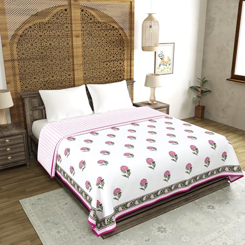 Image of BLOCKS OF INDIA 100% Cotton Dohar King Size Reversible Hand Block Printed Malmal Summer Dohar /Blanket (Pink Green Rose)