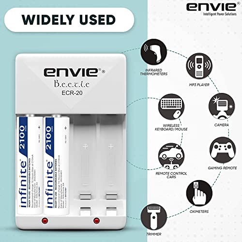 Image of ENVIE (ECR20AA21002PL) Beetle High Speed Wall Plug Charger ECR 20 for AA & AAA Ni-MH /Ni-CD Rechargeable Batteries with 2 AA2100 Ni-mh Batteries & LED Indicator