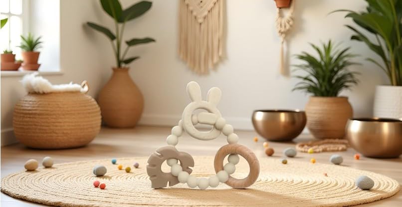 Image of | Bohemian Teether | Baby Teether | Sensory Exploration and Teething Relief | 100% Food-Grade Silicone Teether Toy | BPA Free | Chewbeads | Silicone with Beechwood Ring | (Tan)