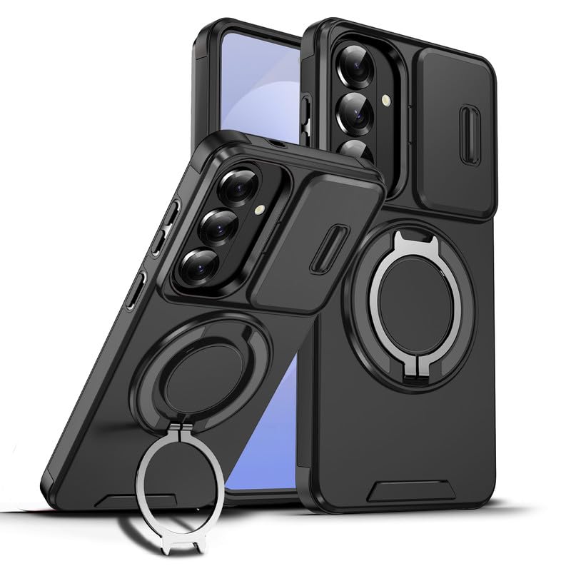 Image of LuxuryKase Shockproof Rugged Case for Samsung Galaxy S26 Plus | Slide Camera Cover | 360 Rotating Ring Kickstand | Military-Grade Protection - Matte Black
