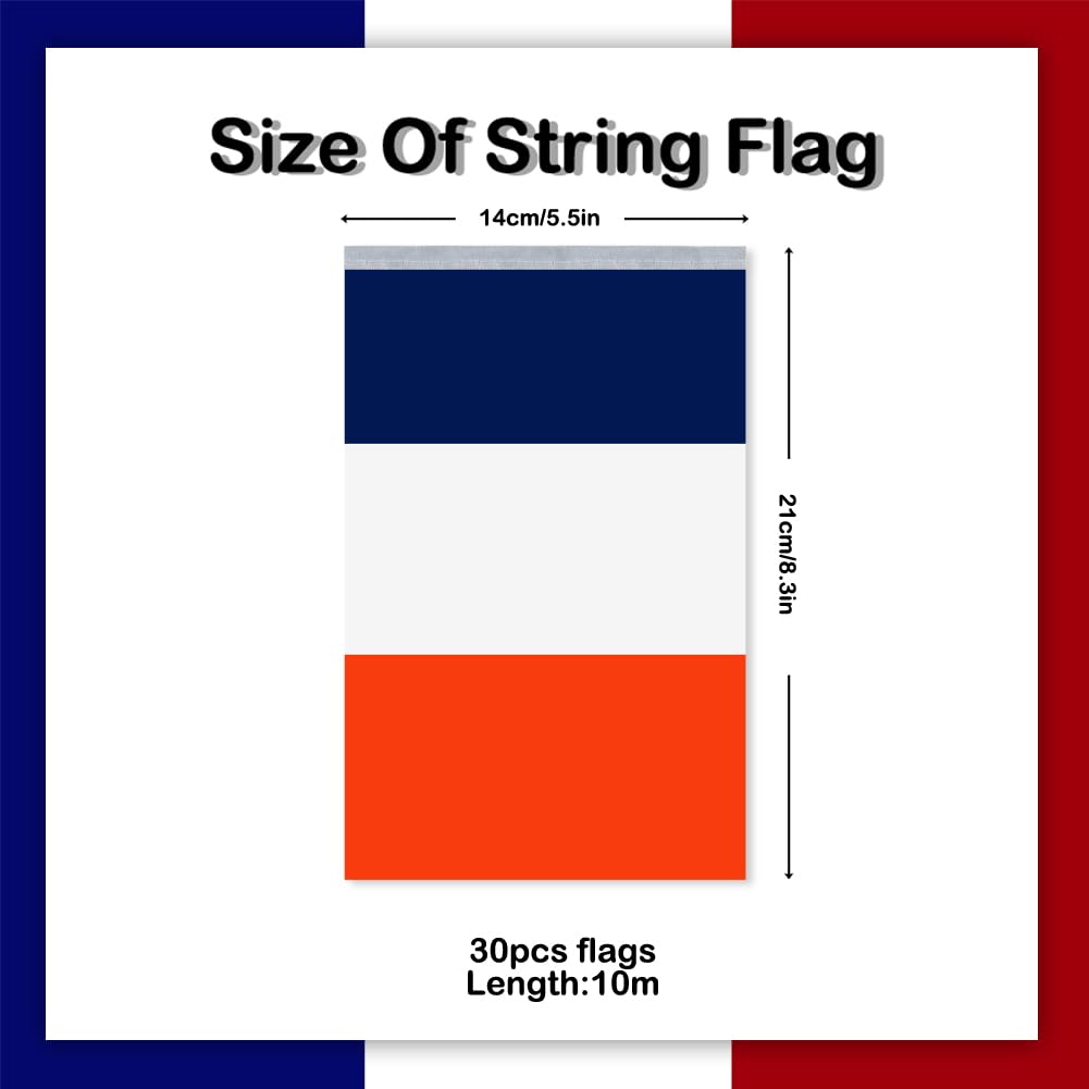 Französische Flagge, rechteckige französische Flagge Banner, 30 französische Flaggen Streamer für Festival Dekoration (insgesamt 10 Meter)