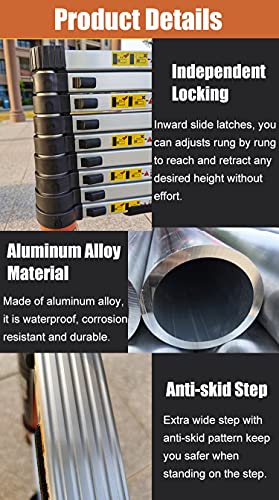 GAOBINGB Escalera telescópica de Aluminio Extensible para techos, autocaravanas, áticos y Uso doméstico. Capacidad de Carga: 150 kg. Ideal para proyectos en lofts y viviendas.