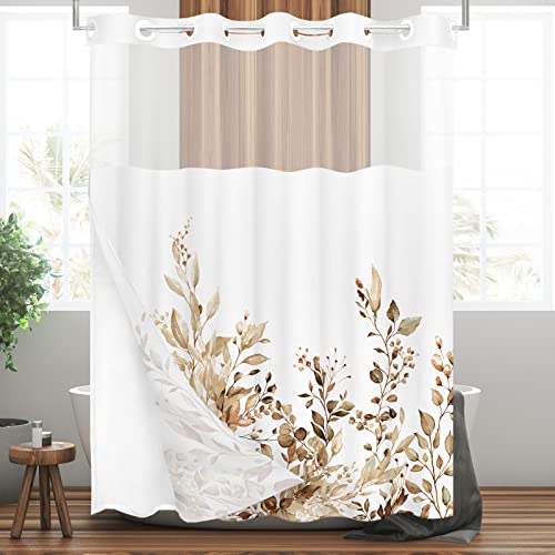 Tititex No Hooks Snap In Liner Tan Eucalyptus Leaves Shower Curtain Sets, Hotel Luxury Double Layers Waterproof Fabric & See-Through Top Window Bathroom Decorative 72X72 Inch #TOP1