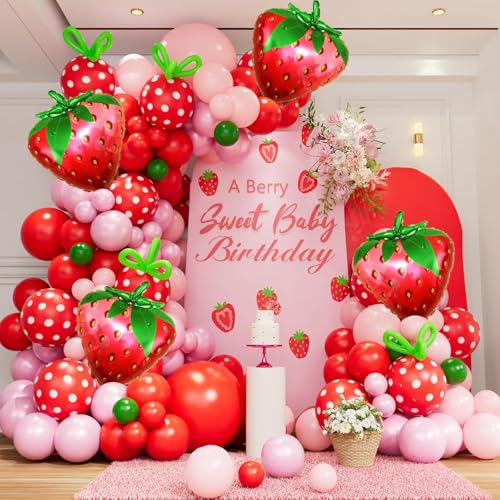 Kit per arco con ghirlanda di palloncini a fragola, palloncini rossi, rosa e rosa chiaro con palloncini in lamina di fragola per decorazione primo compleanno Sweet Girl Baby Shower Fragola Dolcecuore