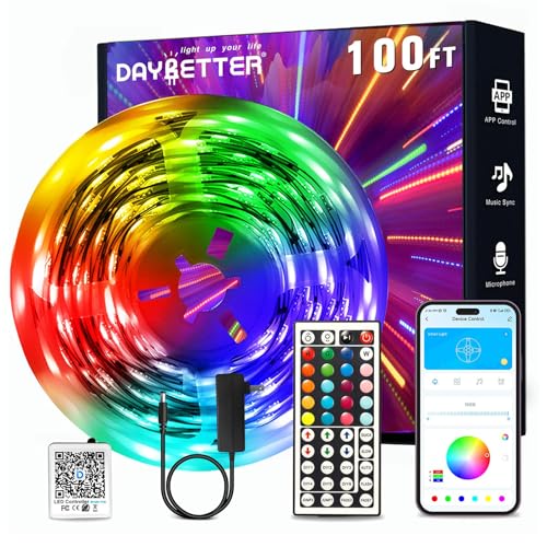 DAYBETTER LED Strip Lights 100ft, Smart Lighting with App Remote Control, RGB LED Lights for Bedroom, Music Sync Color Changing for Room Home Decor Party (1 Roll)