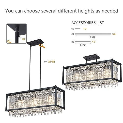 Image of LMQNINE Modern Rectangle Chandelier for Dining Room, Black Crystal Chandelier Linear Light Fixture, Farmhouse Chandeliers for Kitchen Island, Bar Table, L30.7'' x W9.84'' x H8.66''