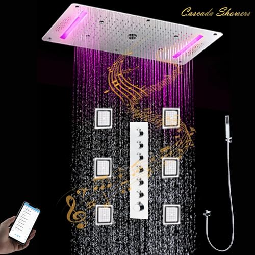 Sistema de Ducha Bluetooth LED Cascada Luxurious Recessed 15" x 32" con 7 perillas termostáticas y 6 Funciones variadas (Lluvia, Cascada, Mist SPA, Columna, Jets de cuerpo y Ducha de mano) acabado en Negro Mate miniatura 3