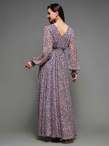 Image of Miss Chase Women Pleated V Neck Full Sleeves Relaxed Fit Midi Length Dress