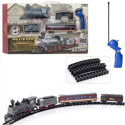 Image of IndusBay Remote Control Train & Track Set Simulation Smoke Locomotive Engine W /Cargo Passsenger Vehicle,Light & Sounds, Train Toy Gift for Boys Girls