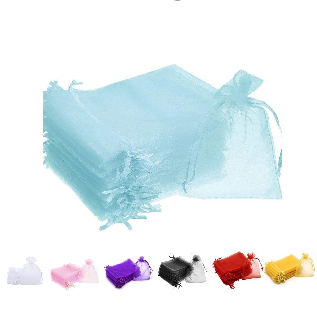 MARKQ [100 Pieces] Light Blue Organza Bags with Drawstrings - [12x17cm] Organza Goody Bags and Gift Pouches for Jewelry, Candy & Party Favors