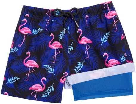 BRISIRA Boys Swim Trunks Toddler Swim Shorts Anti Chafe Stretchy UPF Bathing Suit Swimsuit with Compression Boxer Brief Liner Flamingo