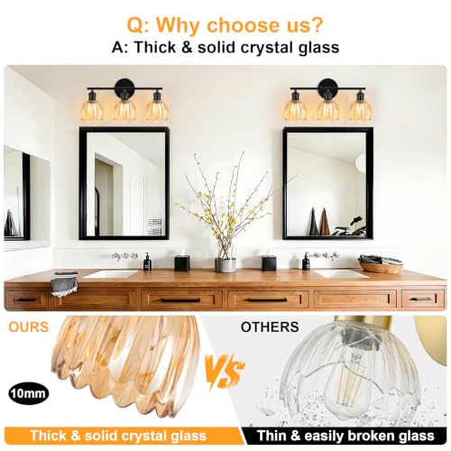 Image of Bathroom Light Fixtures, 3-Light Brushed Black Vanity Lights for Bathroom with Amber Tulip Glass Shade, 20 inch Vintage Bathroom Vanity Lighting Fixtures Over Mirror for Bedroom Living Room Hallway