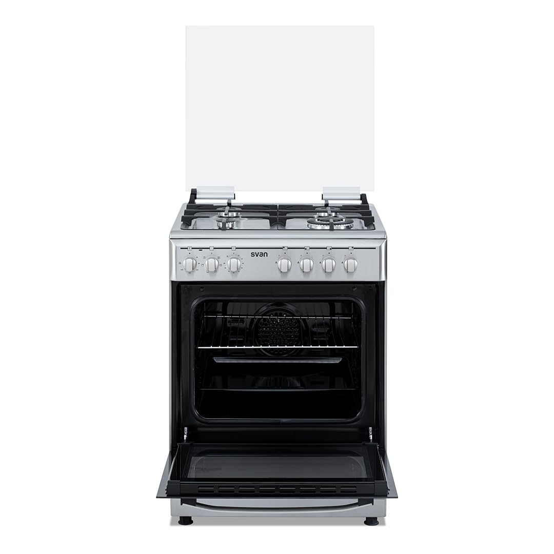 Svan Cocina Mixta Gas Butano, 4 Zonas de Cocción, Horno 56 L, Inox, SKMW4601X. Control Manual, Quemador WOK Triple Llama, 6 Programas de Cocción, Compartimento Bombona, Cristal en Puerta Doble Capa, T