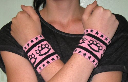 Knit Black Brass Knuckles & Stars on Light Pink Wristbands from Sourpuss Clothing (Set of 2)3