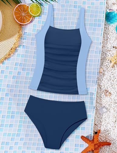 Image of Girls Tankini Swimsuit Solid Color Blocking Two Piece Bathing Suit Ruched Slimming Teen Girls' Swimwear for 9-18Years