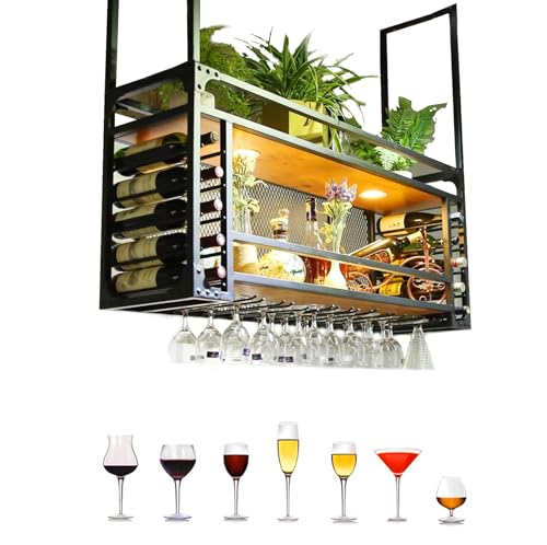 HDDNMLOH Ceiling Mounted Hanging Wine Bottle and Glass Holder 110cm Metal Rack for Home Bar or Restaurant Decoration