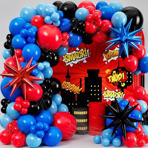 ALL-IN-1 Spider Balloon Arch Kit with BONUS Starburst for Spidy Birthday Decorations - Red Blue Spider Balloons for Spidy Man Party Decorations - Miles Birthday Decoration Spidey Balloons
