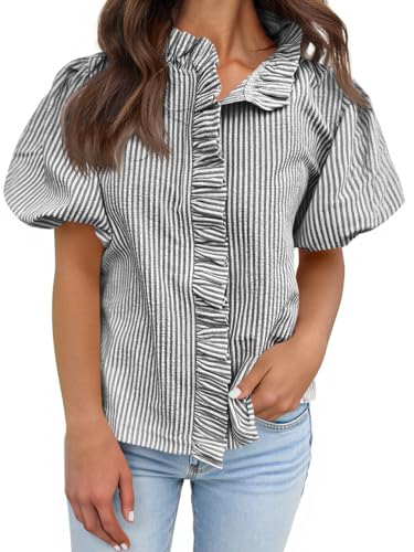 Image of Tankaneo Womens Short Puff Sleeve Button Down Shirts Summer Ruffle Striped Work Tops Stand Collar Trendy Casual Loose Blouse