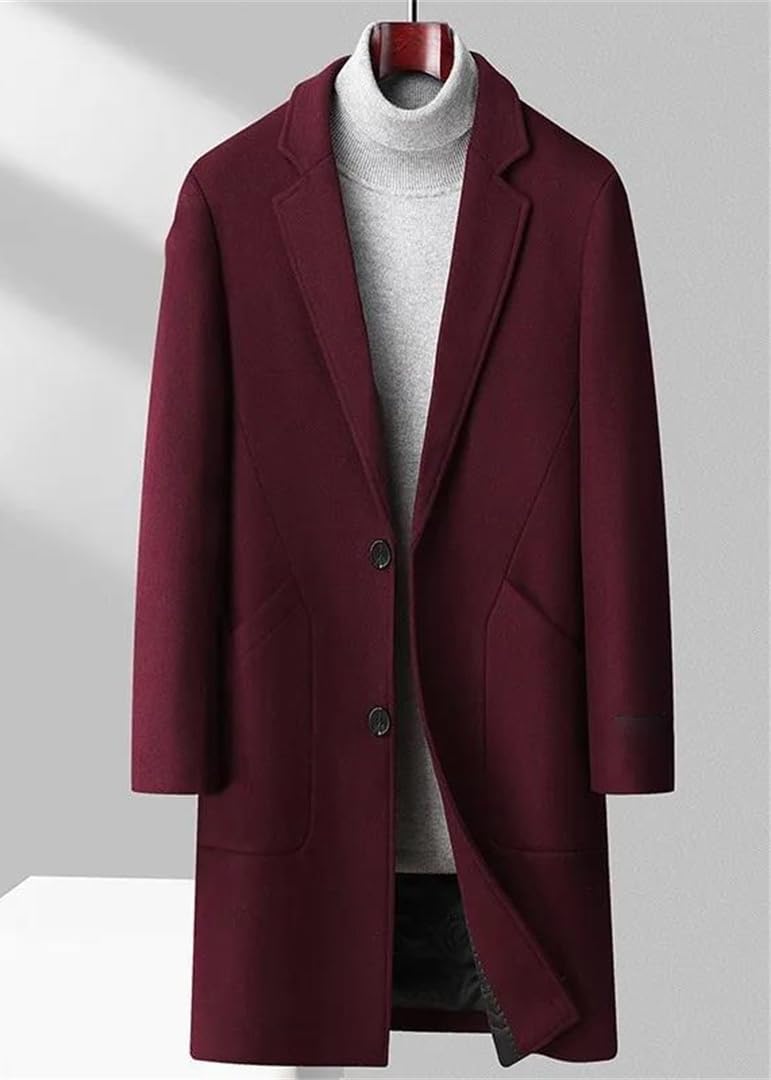 Men's Trench Coat Fall Winter Casual Wool Jacket Long Sleeve Warm Overcoat