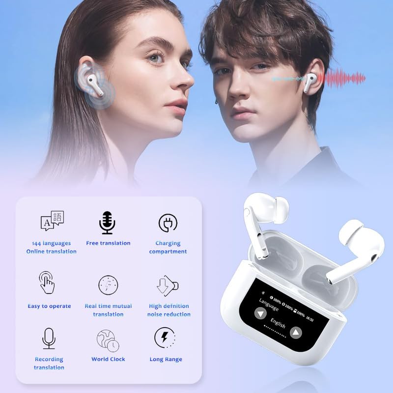 NILUTO Ai Language Translator Earbuds Real Time Translation Earbuds with 144 Languages Supported, ANC Noise Cancelling, Bluetooth 5.4, Smart Touch Screen Housing