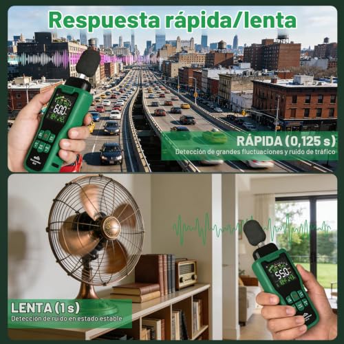 Miniatura 5 de Sonometro, Medidor De Decibelios Sqech Que Puede Medir Temperatura Y Humedad, Decibelimetro De Pantalla Retroiluminada A Color, Pondération A C, Unidades Db Sone, Respuesta Rápida Lenta, 30 130db