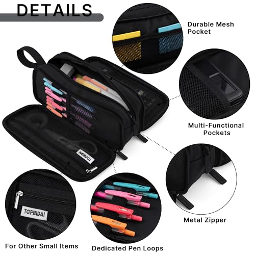 Image of TOPBIDAI Large Pencil Case Pouch for Girls Boy Women Men Adults | Big Capacity Canvas Pencil Bag, Office School Supplies, Multi Compartment Zipper Stationery Pen Box (Coal Black)