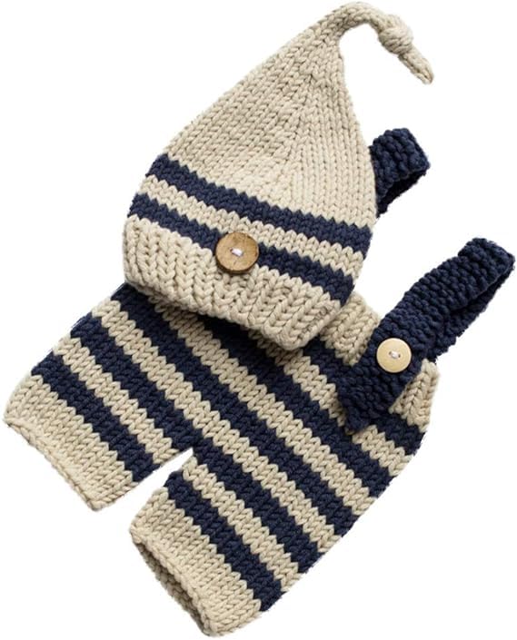 Image of BabyMoon Set of 2 | Knitted Suspender with Cap Hat | Photography Props Costume | Gift Set | 0-6 Months | Blue
