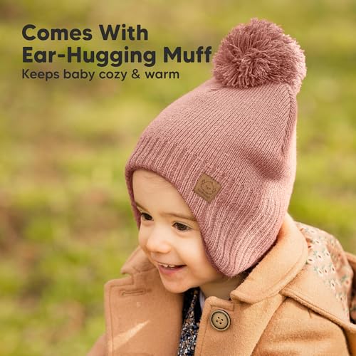 Image of Baby Beanie Winter Hat 6-36 Months - Cute Pom Winter Baby Hats with Earflaps, Soft & Stretchy Knit Toddler Beanies for Infant, Newborn 6-36 Months Boys, Girls, Cozy, Warm Fall Essentials (Tea Rose, M)