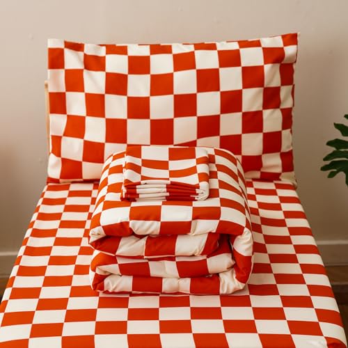 Image of CLOTHKNOW 4Pieces Orange Beige Plaid Toddler Bedding Sets for Boys Girls Grid Bedding Sets Soft Crib Bed Sets