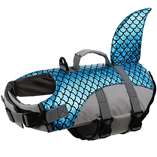Kuoser Dog Life Jacket Vest, Adjustable Dogs Swimming Vest With Shark Fin, Safety High Visibility Pet Floatation Vest Life Preserver For Small Medium And Large Dogs For Swimming And Boating Blue L #TOP1