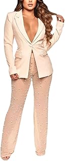 Sponsored Ad - acelyn Women Fashion Solid Office Work Suit Deep V Neck Open Front Long Sleeve Blazer Sheer Mesh Pearl Bead...