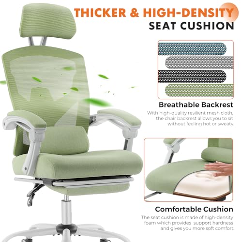 Image of Sweetcrispy Office Computer Desk Chair, Ergonomic High-Back Mesh Rolling Work Swivel Chairs with Wheels, Comfortable Lumbar Support, Comfy Arms for Home, Bedroom, Study, Student, Green