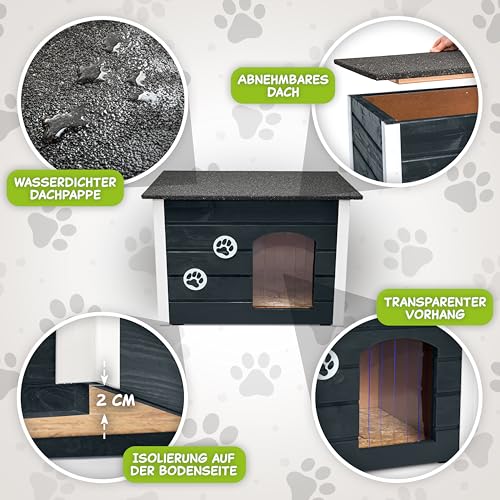 Outentin Hundehütte Outdoor Winterfest - Hundehaus für Mittelgroße Hund - Isoliert und Wetterfest - Hunde Haus für Draußen mit zum Öffnen Flachdach - Stabile und Moderne Villa - 76 x 60 x 60cm - Grau