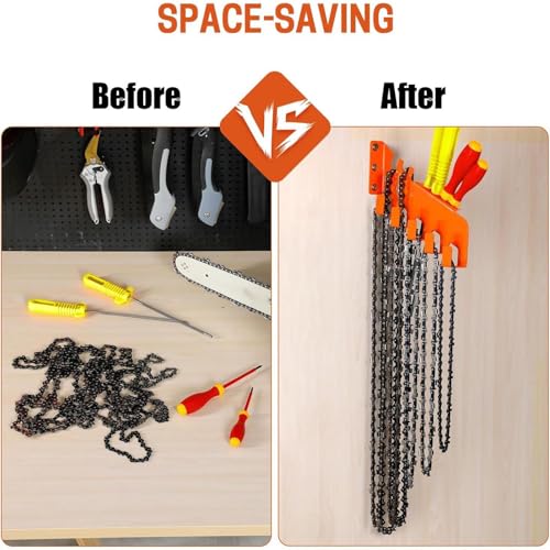 Soporte para cadena de motosierra, exhibición resistente con 5 ganchos, cadena de motosierra, almacenamiento de pared, para afilar archivos, jardinería, cobertizo, sótano, estudio, taller, colgador de - imagen 8